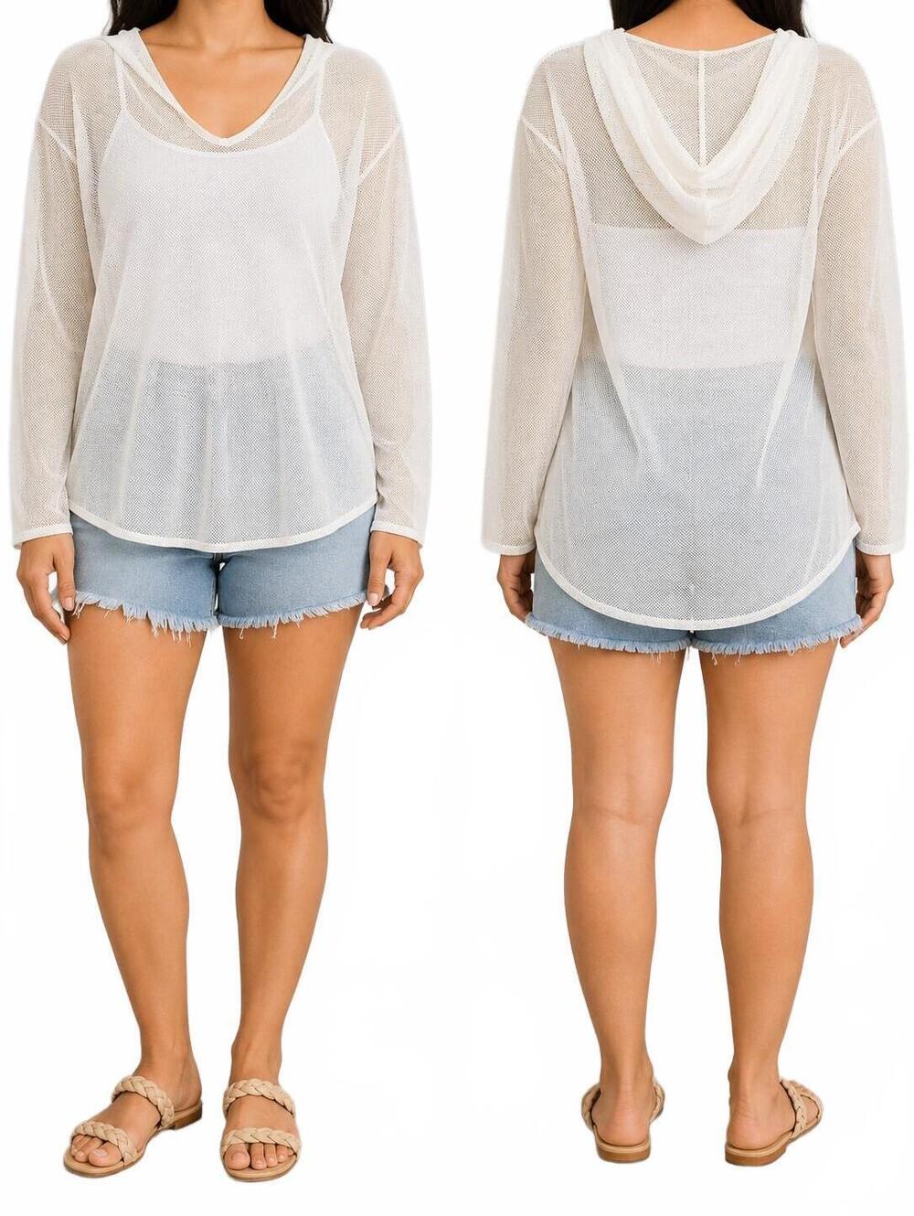 Moda International Women's White Sheer Mesh Hooded Top With Long Sleeves, A